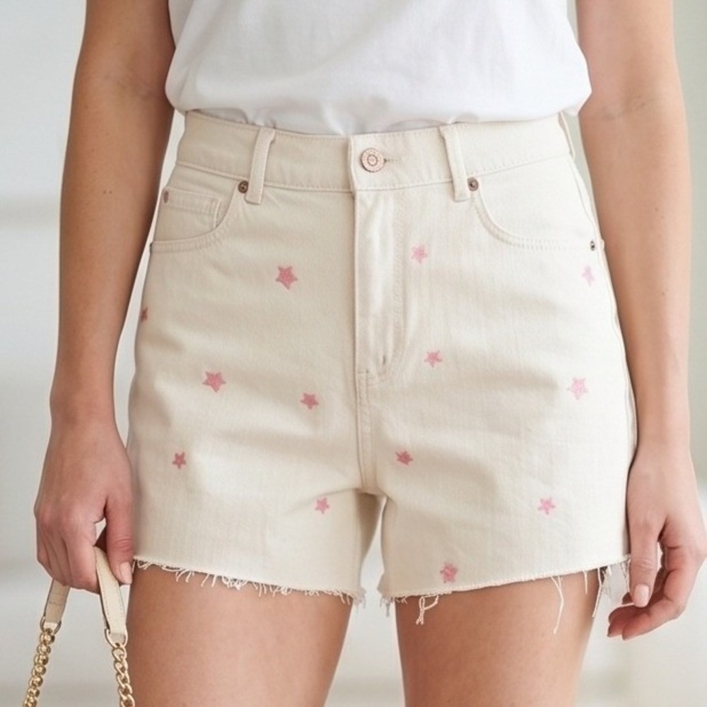 LOFT 29/8 The Cut Off Short Denim Shorts Pink Star Embroidery‎ Ivory NWT